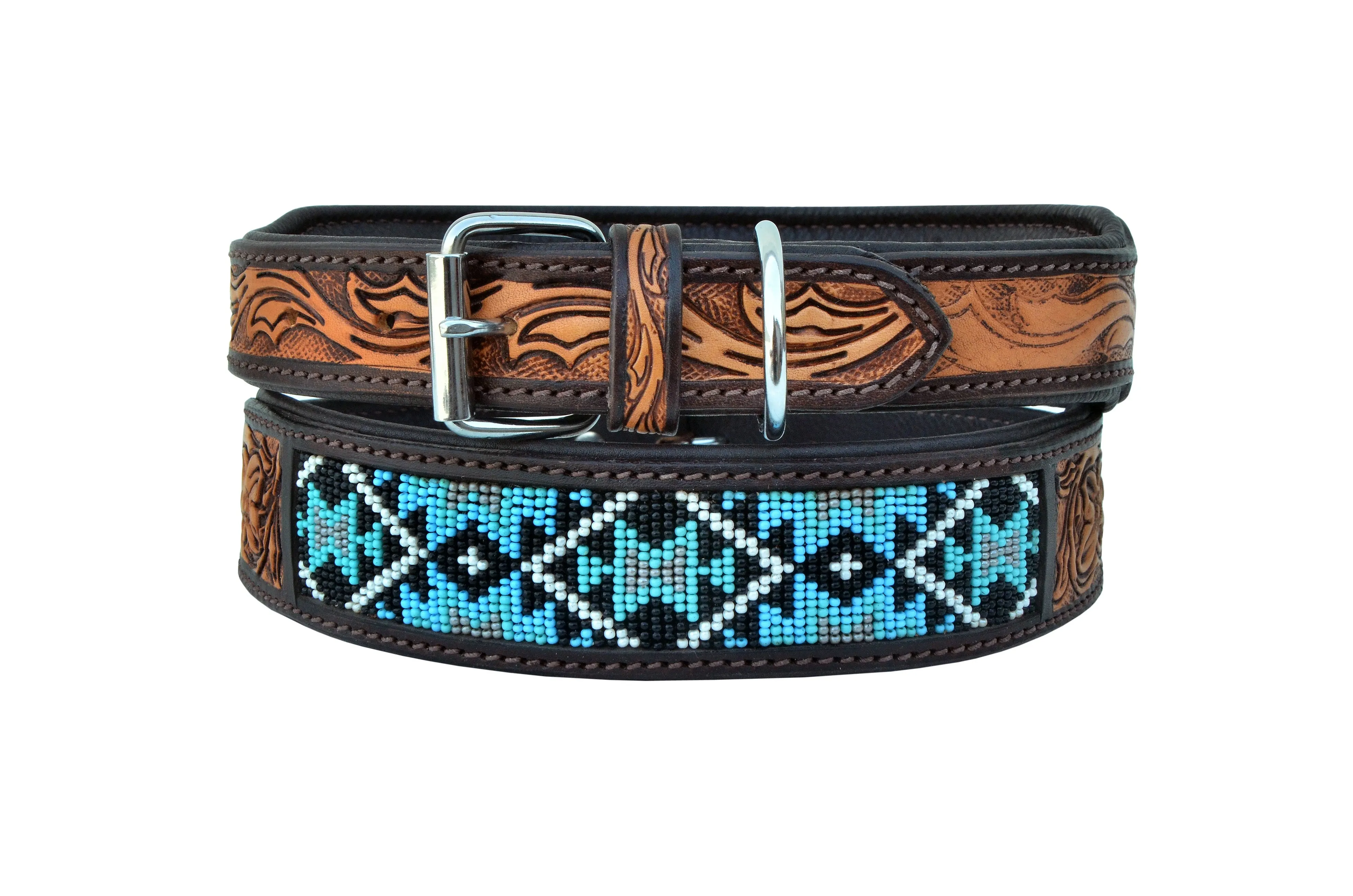 Western Style Beaded and Tooled Leather Dog Collar With Padded Soft Lining 10AB012