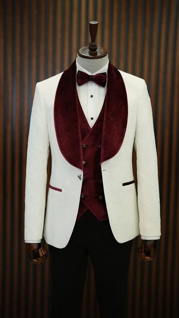 White Burgundy Slim Fit Groom Wedding Tuxedo for Men | GentWith