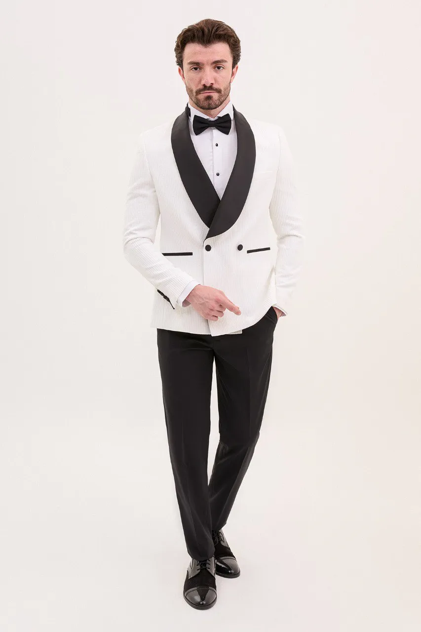 White Slim Fit Double Breasted Striped Tuxedo | GentWith