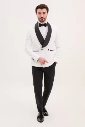 White Slim Fit Double Breasted Striped Tuxedo | GentWith