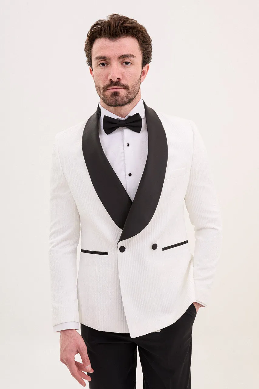 White Slim Fit Double Breasted Striped Tuxedo | GentWith