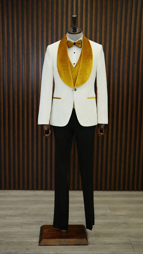 White Yellow Slim Fit Groom Wedding Tuxedo for Men | GentWith