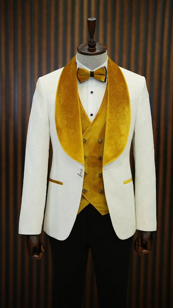 White Yellow Slim Fit Groom Wedding Tuxedo for Men | GentWith