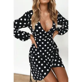 Women Deep Neck Polka Dots Comfort Short Dress - C1556JPD