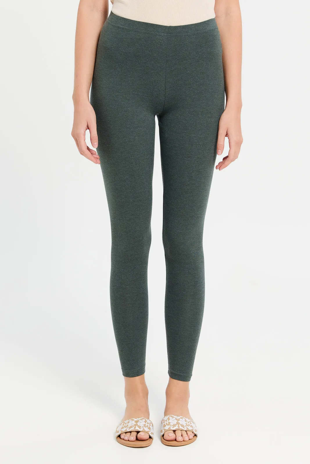 Women Olive And Grey Solid Leggings (Pack of 2)