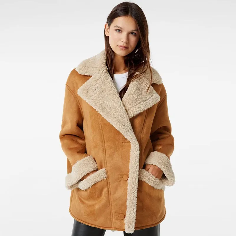 Women RAF B3 Aviator Suede Leather Shearling Fur Coat