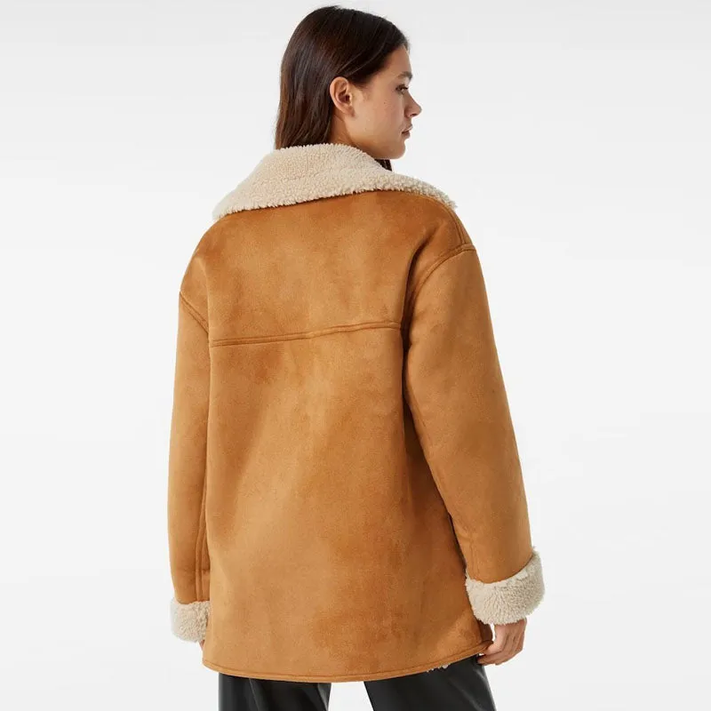 Women RAF B3 Aviator Suede Leather Shearling Fur Coat