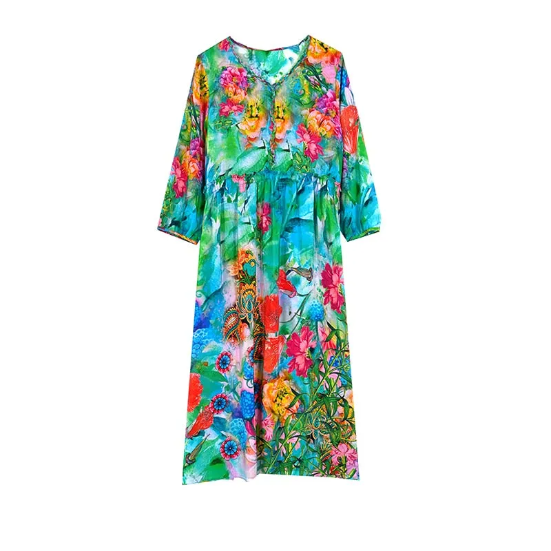 Women Spring Summer Floral Silk Long Sleeve Midi Party Dress - WD8063