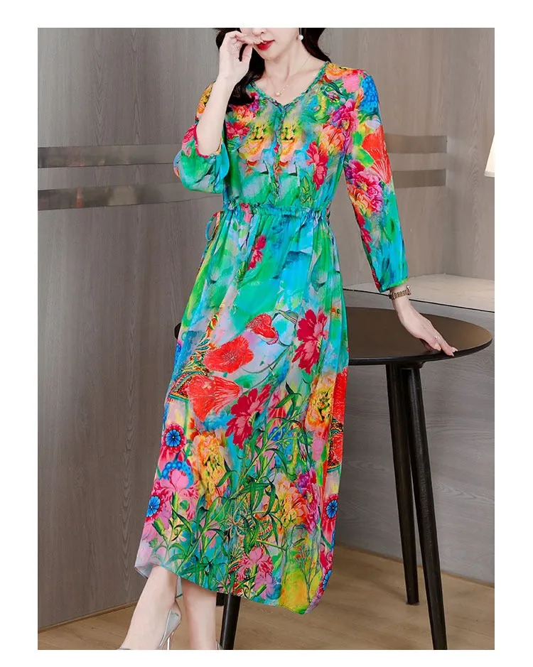 Women Spring Summer Floral Silk Long Sleeve Midi Party Dress - WD8063