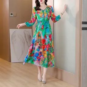 Women Spring Summer Floral Silk Long Sleeve Midi Party Dress - WD8063