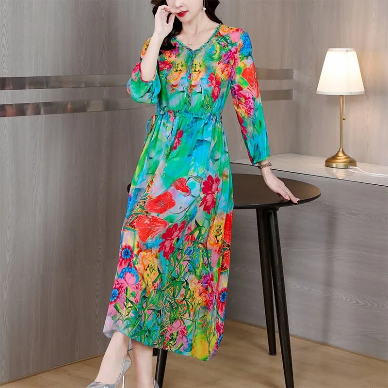 Women Spring Summer Floral Silk Long Sleeve Midi Party Dress - WD8063