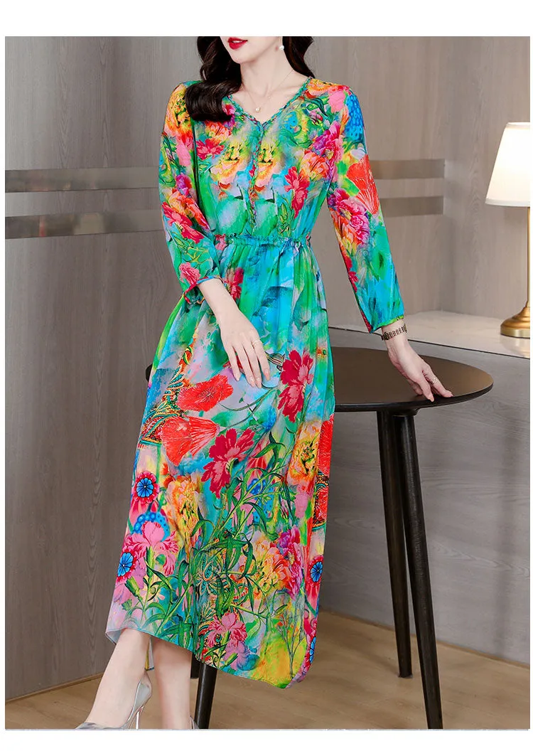 Women Spring Summer Floral Silk Long Sleeve Midi Party Dress - WD8063