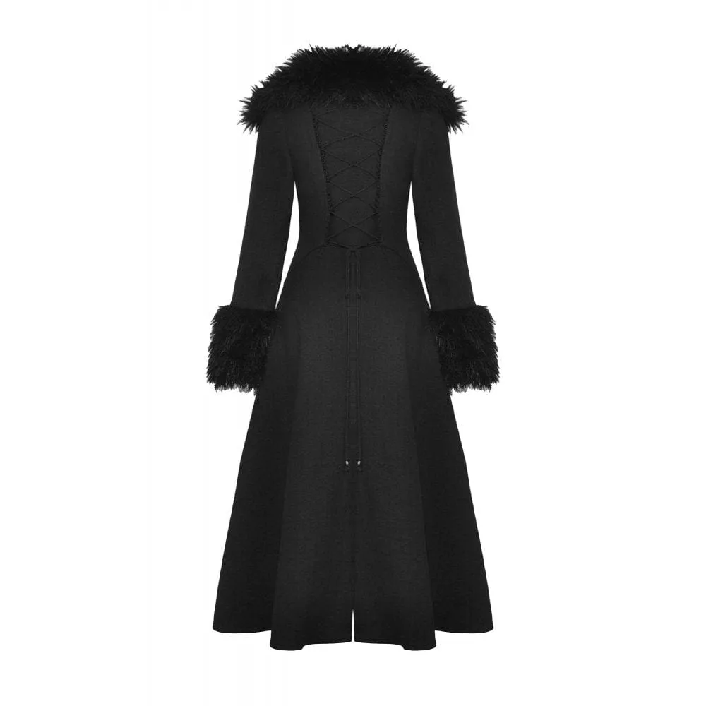 Women's Gothic Buckle Draped Coat with Faux Fur Collar