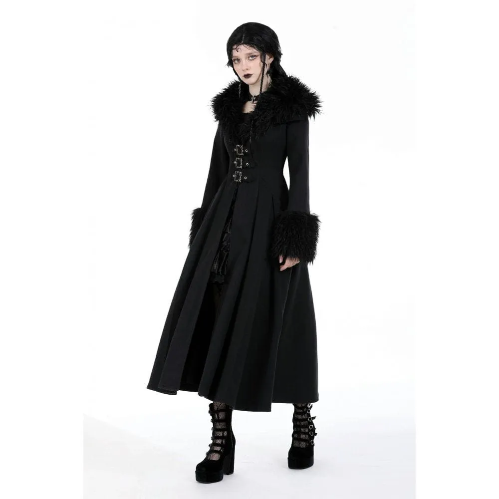 Women's Gothic Buckle Draped Coat with Faux Fur Collar